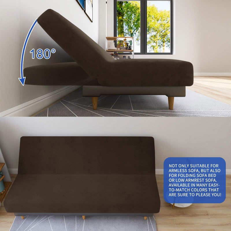 MAXIJIN Velvet Futon Cover Full Size Stretch Futon Mattress Cover Thick Soft Armless Sofa Bed Slipcover Plush Couch Furniture Protector with Elastic Bottom, Machine Washable (Dark Coffee) - Image 4